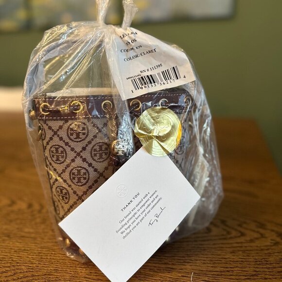 NWT! NEW Tory Burch T Monogram Jacquard Mini Bucket Bag -Tan -leather trim - Picture 13 of 14
